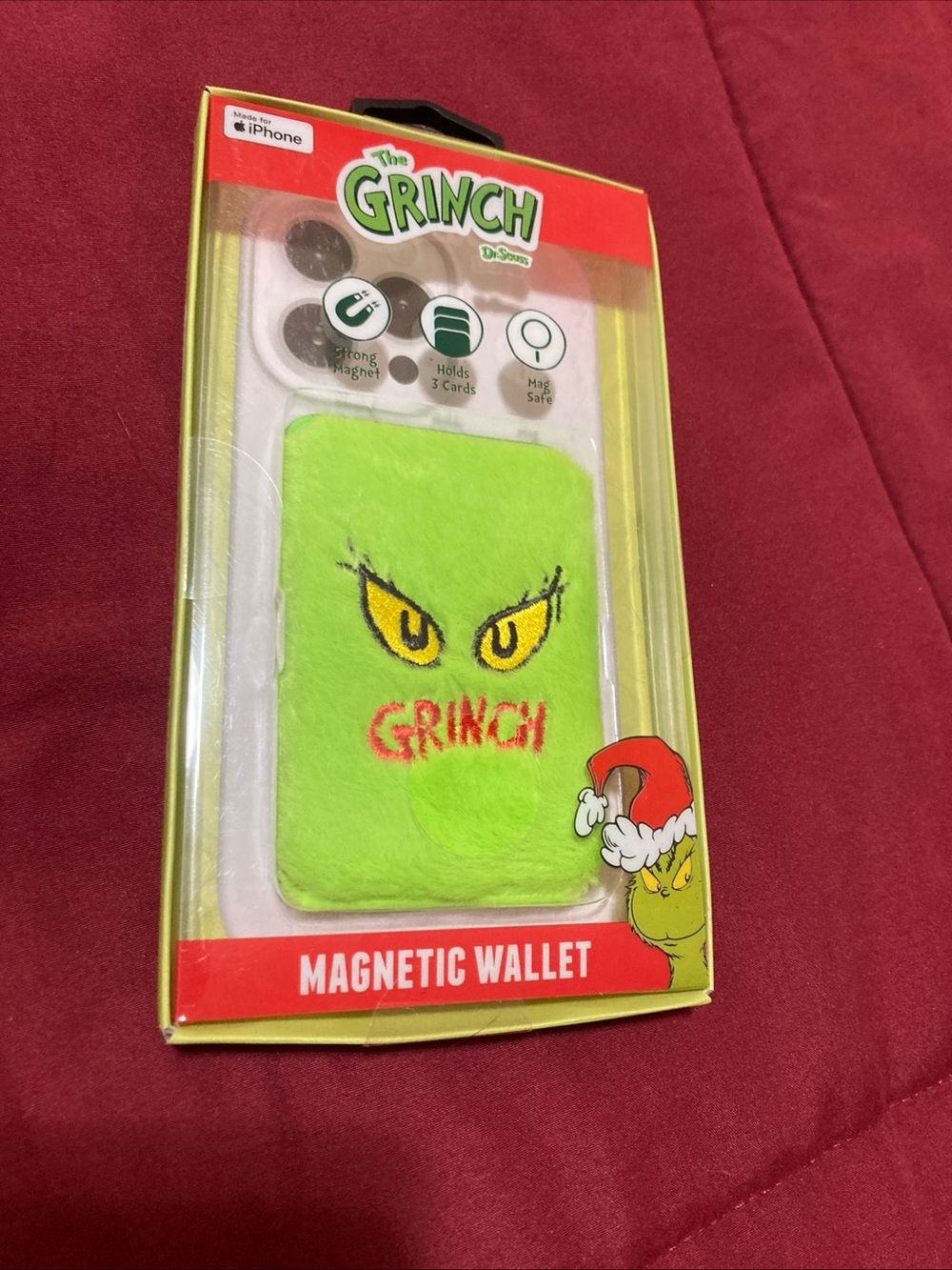 The Grinch Fuzzy Magnetic Wallet For iPhones Holds 3 Cards Strong Magnet New